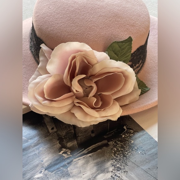 Elegant 100% Wool Wide Brim / Rose / Lace Hat In Dusty Rose-Royal/Derby/Church - Picture 10 of 14